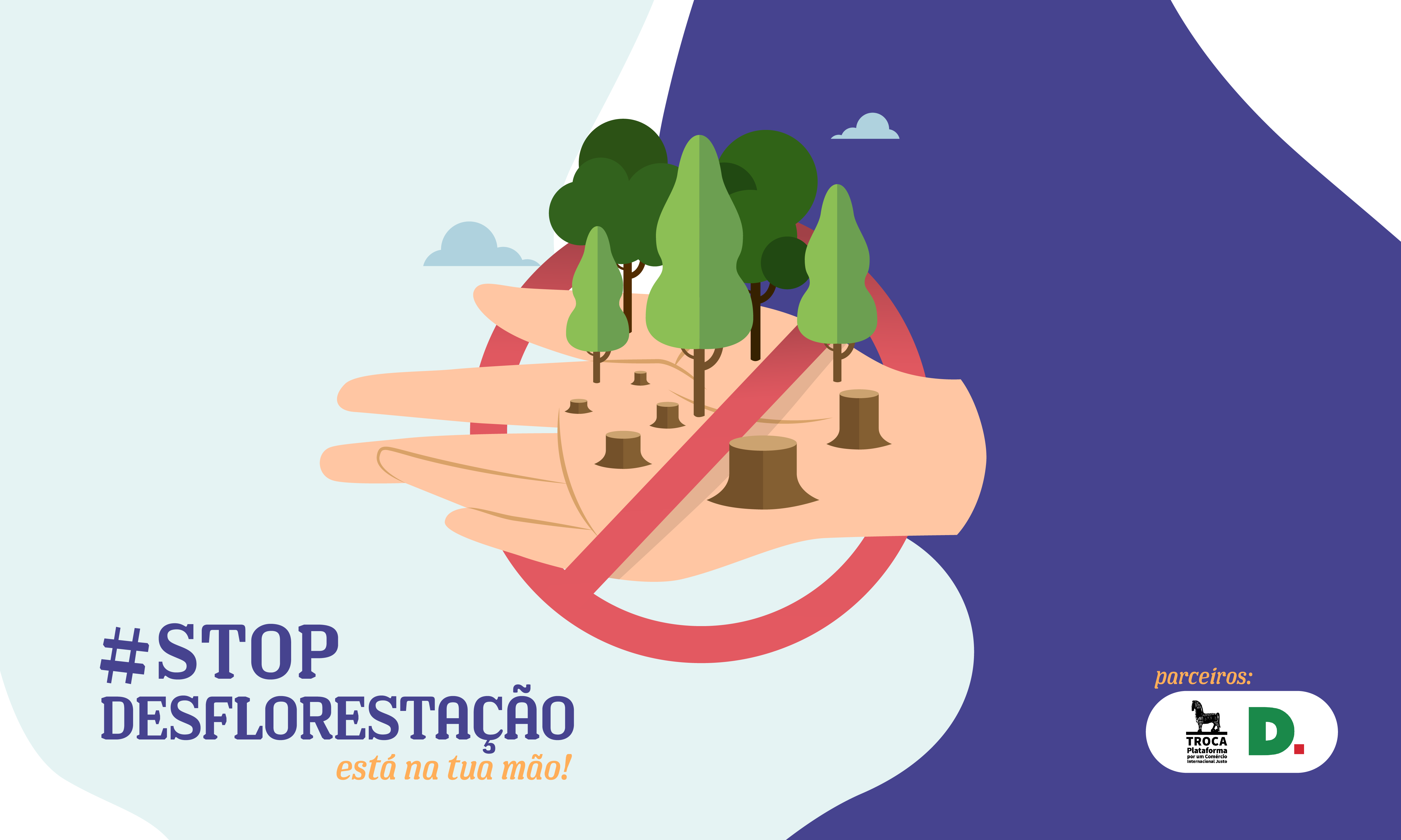 Imagem com uma mão com árvores cortadas e um sinal de proibição